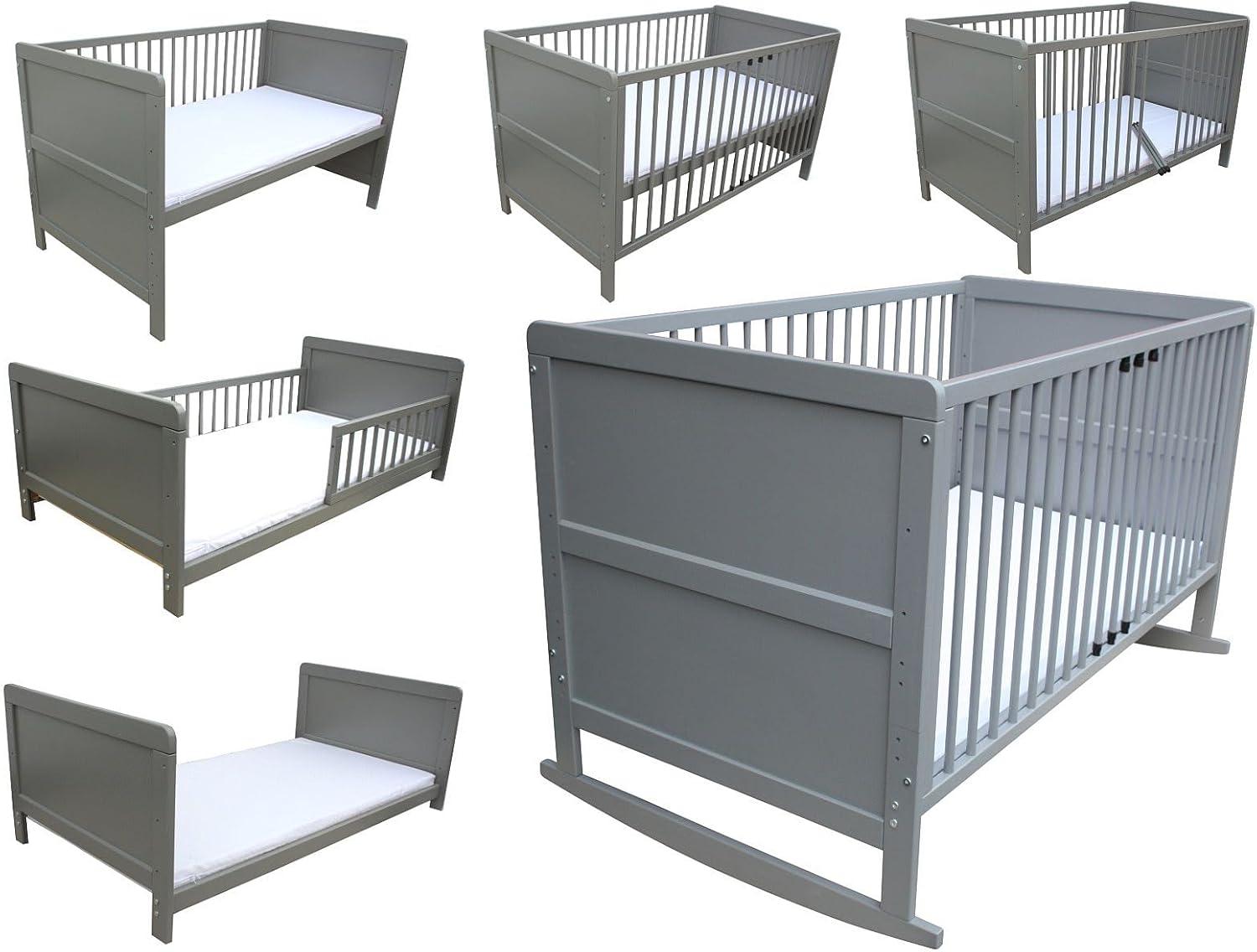 4-in-1-Kinderbett 140x70 cm mit Matratze, grau - Juniorbett, Beistellbett und Wiege