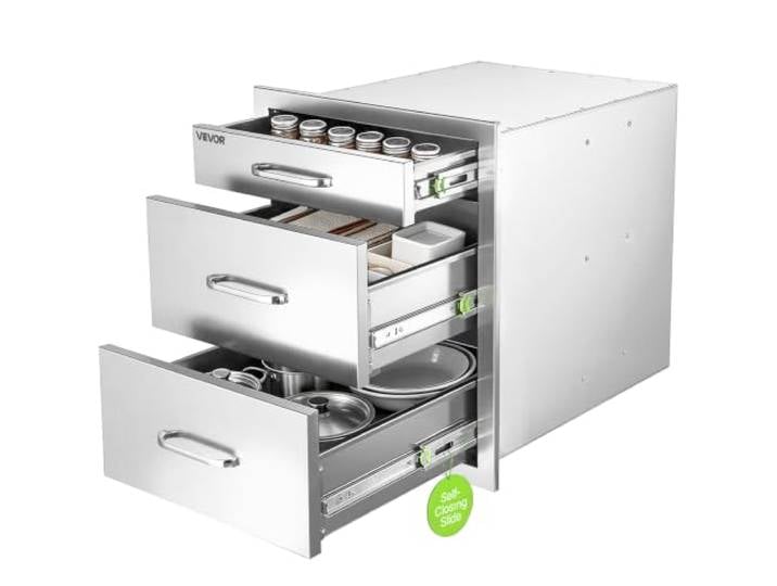 VEVOR Outdoor Küchenschubladen 442 x 518 x 520 mm 3 Schubladen Edelstahl Ideal für Grillinseln, Terrassenbars und Grillstationen, mit Griff, Integrierte Schubladen zur Organisation von Kochgeschirr