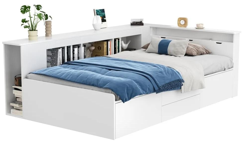 Kinderbett - Multifunktionales Einzelbett 90 x 200 cm - Holzkonstruktion - Schubladen - Bücherregal - Stauraumschrank - Großer Bettkasten - Ohne Matratze - Weiß