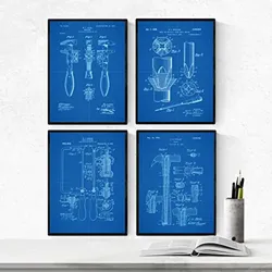 POSTER Set mit 4 Blau Werkzeug Patenten A4 Rahmenlos