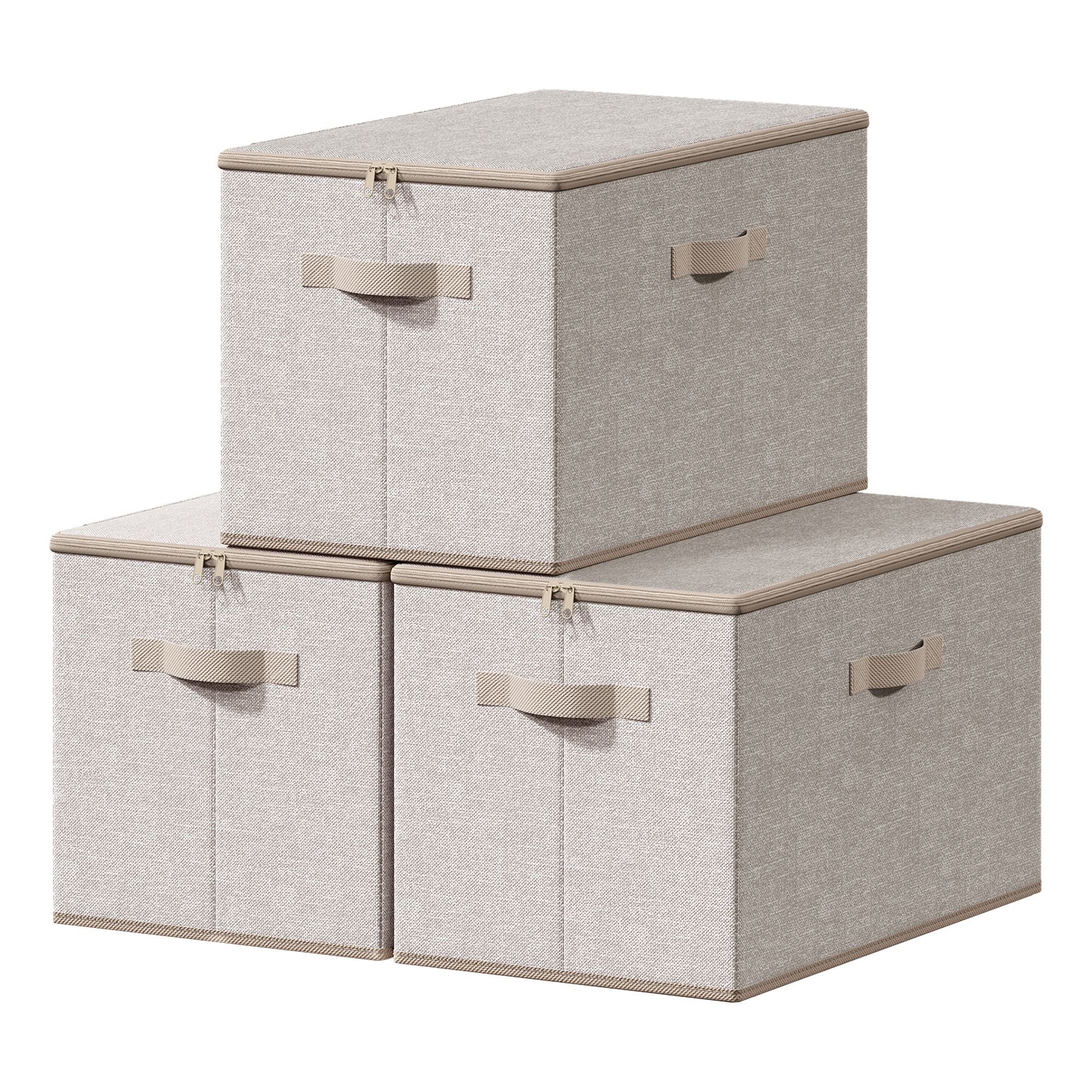 SONGMICS Stoffbox, faltbare Aufbewahrungsbox mit Griffen, für Kleidung, Stoff in Leinenoptik, Papier, Vliesstoff, 3er Set, Beige RZBB35050LZ04
