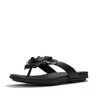 Dianette FITFLOP "GRACIE FLOWER LEATHER FLIP-FLOPS", Damen, Gr. 36, Textil, schwarz, Leder, Schuhe Dianette, Zehentrenner, Sommerschuh mit auffälliger Blüte