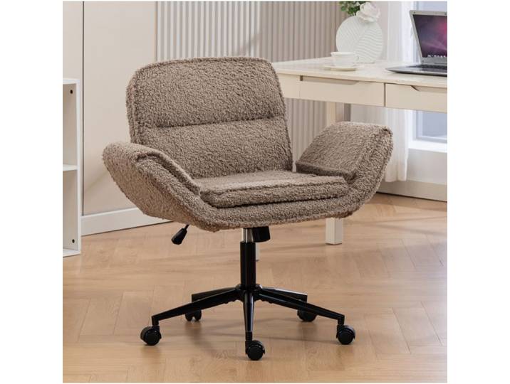 Chaise Bureau Criss-Cross Teddy Fleece Marron - Ergonomique Hauteur Réglable Accoudoirs Pliables & Roues
