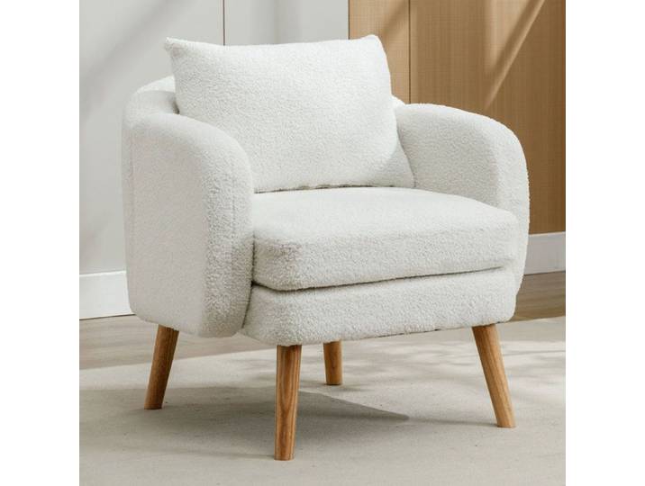 Fauteuil Salon en velours Teddy - Fauteuil de Loisirs Individuel -Style Scandinave - Canapé Simple avec coussin Blanc