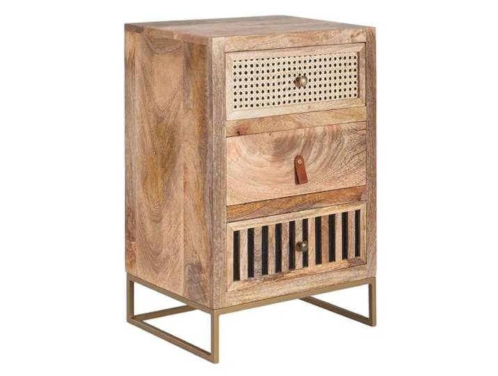 WOHNLING Nachttisch 40x30x60 cm Mango Massivholz mit 3 Schubladen Nachtkommode für Boxspringbett, Nachtschrank Industrial mit Metallgestell, handgefertigtes Unikat, Nachtkonsole Braun