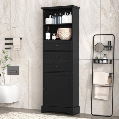 toswini Elegant Tall Cabinet with 3 Drawers, Adjustable Shelves & Open Compartments