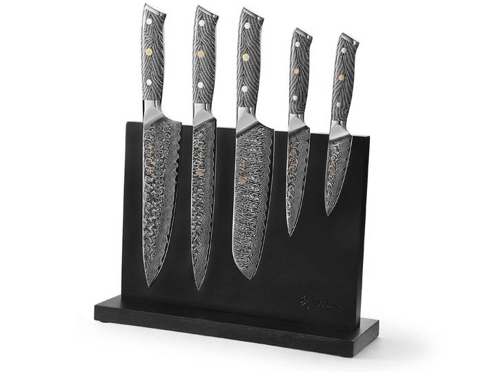 Wakoli Messer-Set NoirBlanc I 5 Küchenmesser & magnetischer Messerblock (Damastmesser mit Messerblock, 6-tlg., 5 Damastmesser, magn. Messerblock), Damaststahl, VG-10