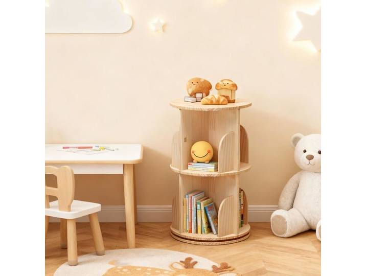 Bibliothèque pivotante en bois massif - LUNSY - 2 étages - Pivotante à 360 degrés - 39x39x67 cm - Beige - Sans peinture
