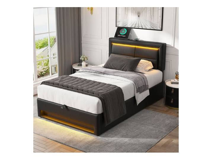MODFU Polsterbett mit Wireless-Charge-Funktion (ohne Matratze), mit LED-Beleuchtung, USB-Ladeanschlüssen