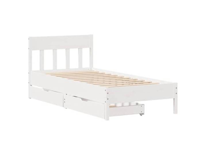 KTHLBRH Einzelbett weiß 75 x 190 cm mit 2 Schubladen Massives Kiefernholz, Lattenrost, Kopfteil, Räder, ohne Matratze