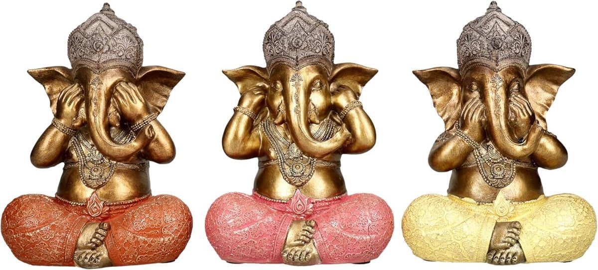 Set van 3 handbeschilderde Ganesha figuren - Goudkleurige olifantengoden decoratie - 18 cm