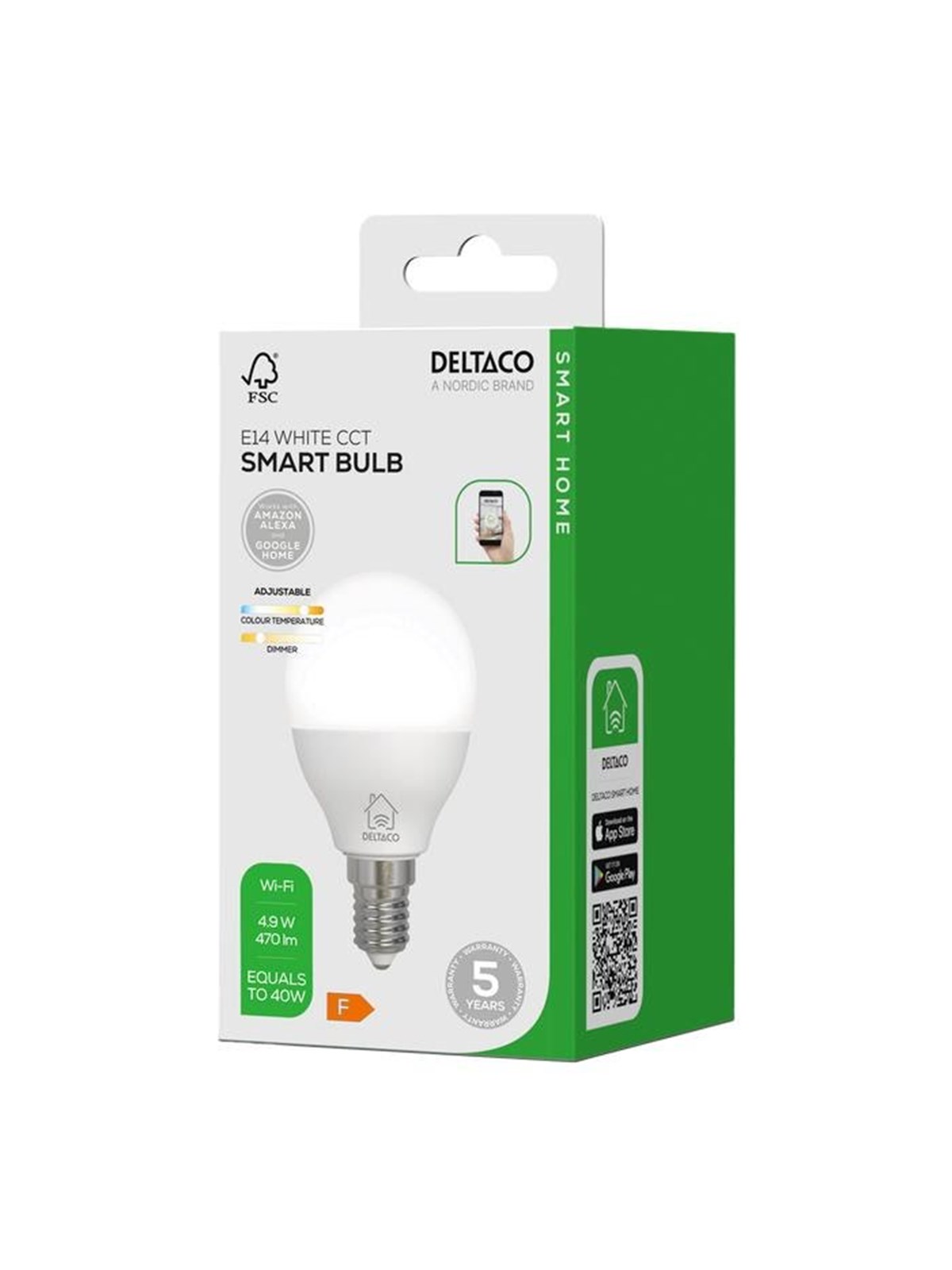 Deltaco LED-Lampe, E14, dimmbar, 2700K-6500K, G45, 4,9W, WiFi