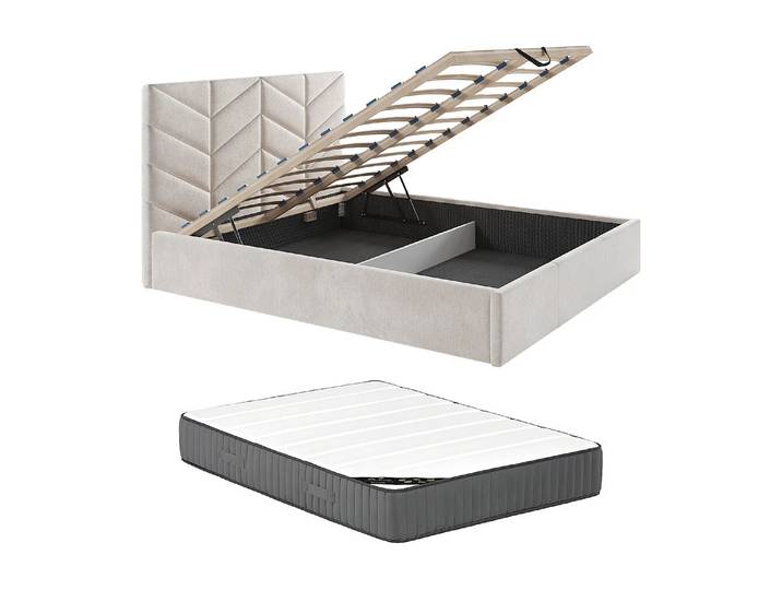 Lit Coffre 200 X 200 Cm - Tissu Texturé - Crème + Matelas Premium - Justani