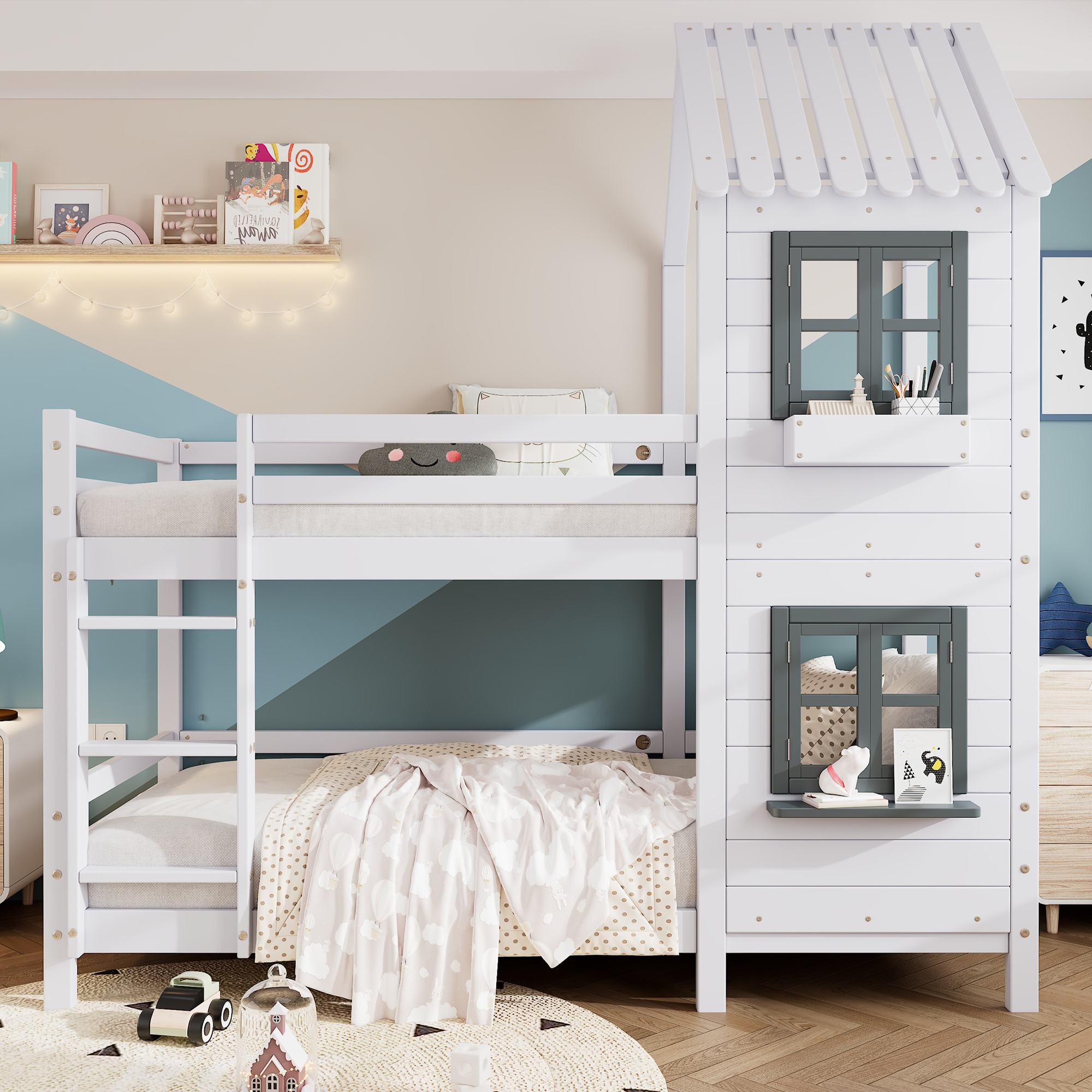 MODFU Kinderbett Etagenbett mit Handlauf und Fenster,Kinderbett Hausbett,mit Fallschutz und Gitter, Rahmen aus Kiefer,weiß (90x200cm) Ohne Matratze