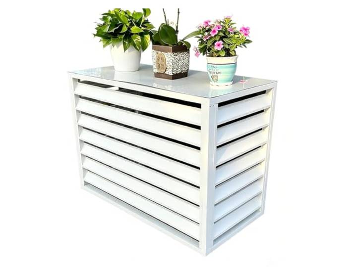 Wärmepumpenverkleidung Außen Standhaube Alu Weiß Flachdeck 120x70x150cm Werkstoff Alulegierung Finish Pulverlackierung Luftstrom Lamellengitter Ablage Pflanzentablett Montage Eckwinkel-System