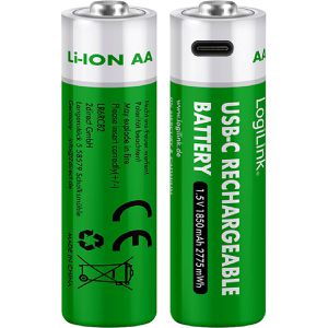 LogiLink Akku LR6RCB2, 1,5 V, 1850 mAh, AA, Li-Ion, mit USB-C Ladeanschluss, 2 Stück