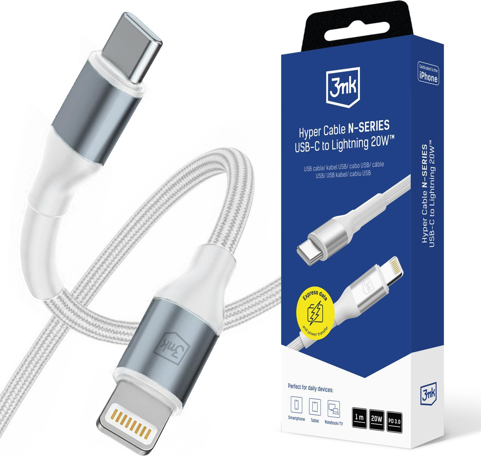 3Mk Hyper Kabel N-Serie USB-C naar Lightning, 1 meter, PD 3.0, 20W, wit