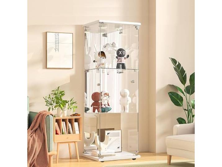 QMTXBYJ Glasvitrine mit LED-Beleuchtung, 125x43x37cm, Modern Vitrine mit 3 Regalen, 1 Türen Glas Vitrine Vitrinenschrank, Glasschrank Standvitrine aus Gehärtetes Glas und Holz, für Wohnzimmer