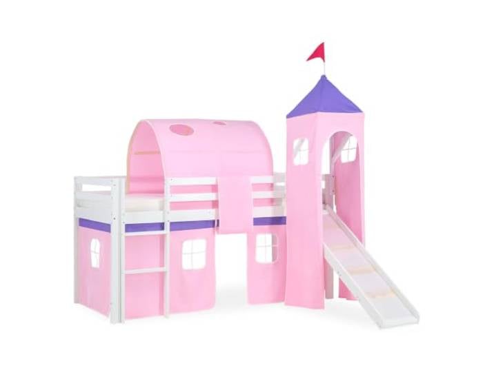 Homestyle4u 1575, Kinder Hochbett Mit Rutsche, Leiter, Turm,Tunnel, Vorhang Rosa, Massivholz Weiß, 90x200 cm