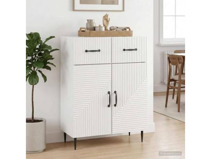 RJPLMFV Anrichte, weiß, glänzend, 66 x 34,5 x 89,5 cm, Holz Türen 90°, Schublade, Metallregale, schwarze Füße, Esszimmer, Wohnzimmer