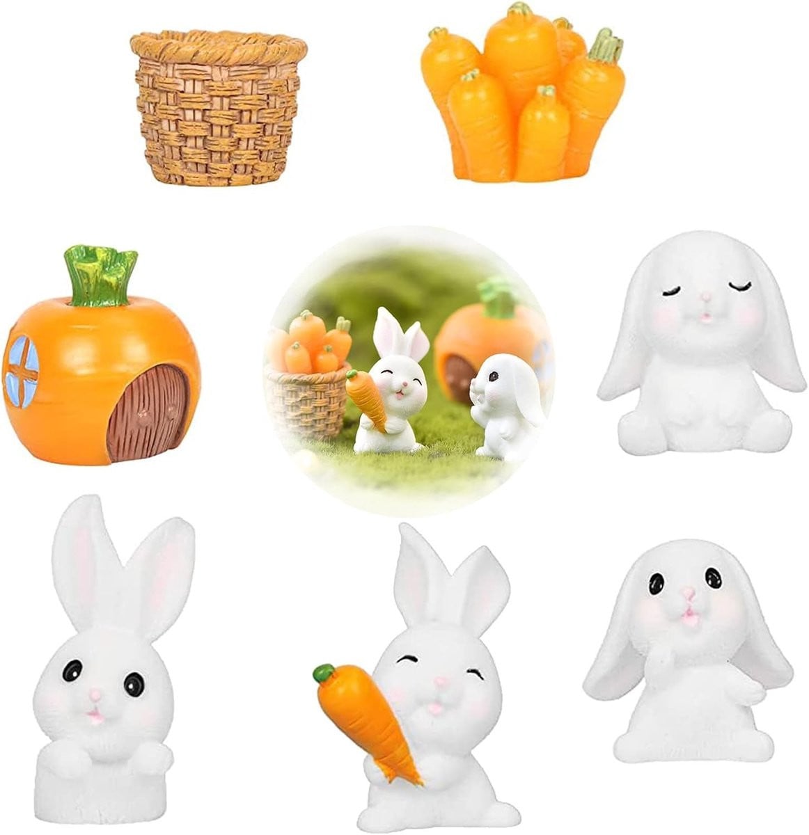 Set van 7 Miniatuur Konijnen Decoratie voor Pasen en Lenteversiering