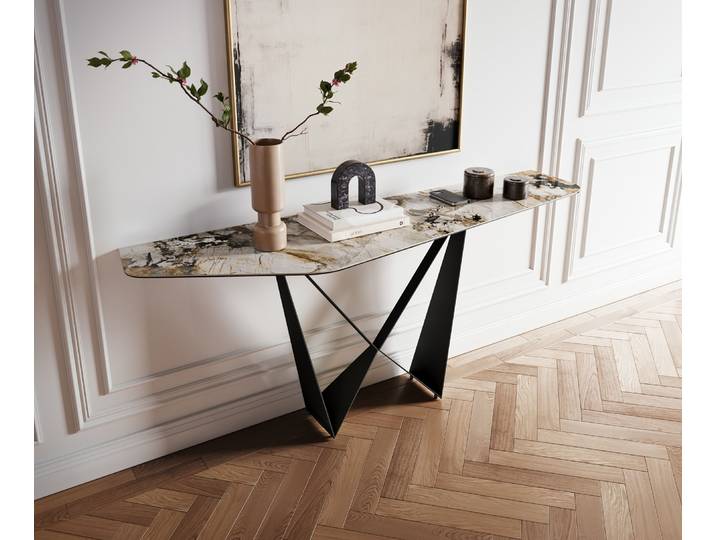 Konsolentisch Edge Polygonal 180x50 cm Keramik Patagonia Poliert Spios Metall Schwarz, Konsolentische