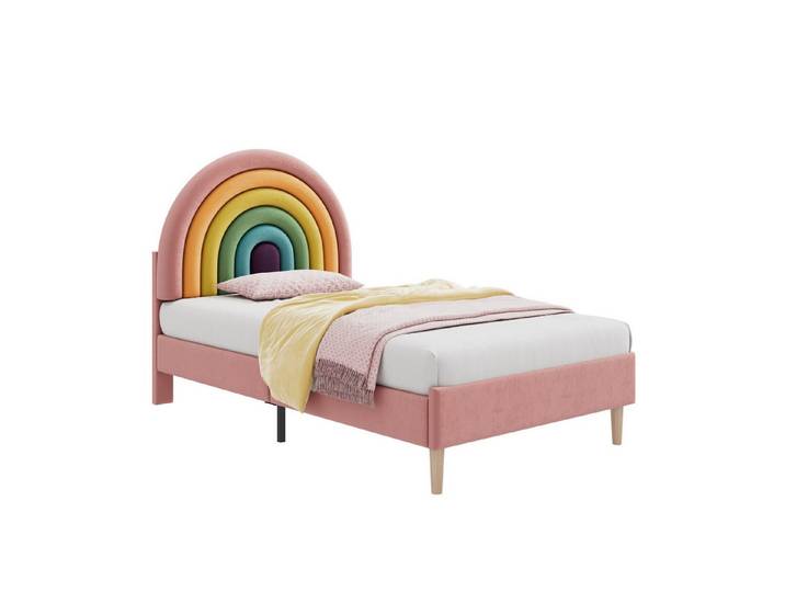 BlingBin Polsterbett Jugendbett Einzelbett Bettgestell mit Lattenrost und Kopfteil (Holzlattenunterstützung, Einfache Montage, Höhenverstellbares Kopfteil, 1-tlg., 90*200cm, Ohne Matratze, Gewichtskapazität: 150KG), Für Erwachsene & Jugendliche, Samt, Rosa