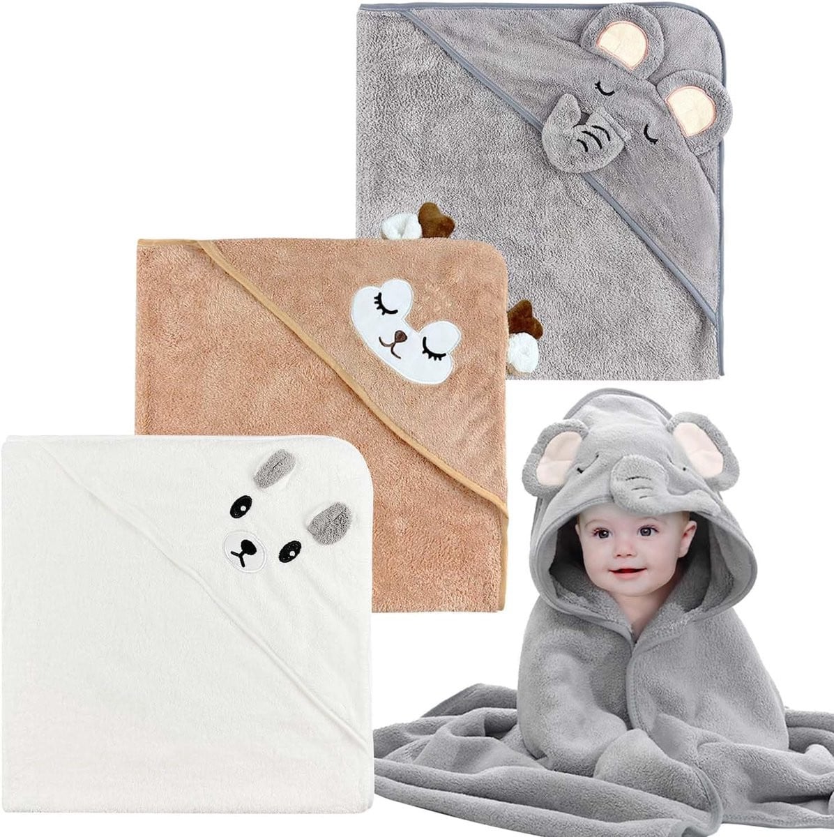 SnelShoppen Babyhanddoek met Capuchon, 3 stuks, Bamboe, 80 x 80 cm