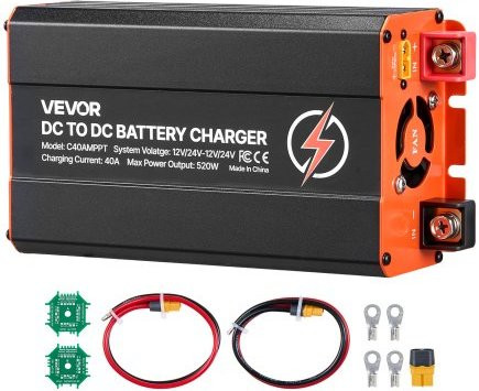 VEVOR DC-DC batterijlader met MPPT 520W 40A, laadbooster met dubbele ingang voor zonnepanelen en dynamo, geschikt voor LiFePO4 en loodzuuraccu's, 12V/24V naar 12V/24V, zwart