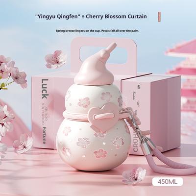 ModernMart Heart Shaped Gourd Insulated Straw Tumbler Gift Set With Leakproof Stainless Steel Bottle cherry Blossom Pink