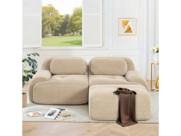 SoarFlash Modernes modulares Sofa, Kordtstoff-Oberfläche, Tiefe Sitzfläche + breite Armlehnen, werkfertig, 2-Sitzer Ecksofa, Beige