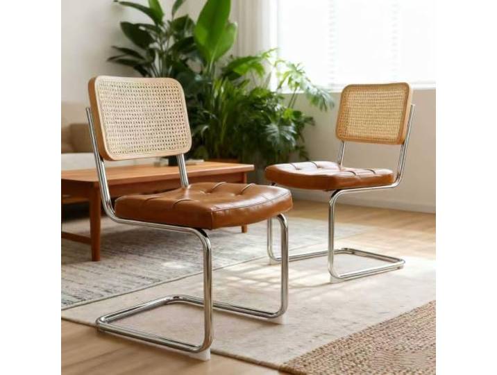 Ropilly Esszimmerstühle 2er Set Freischwinger mit Chromgestell und Rattan Rückenlehne für Esszimmer und Küche