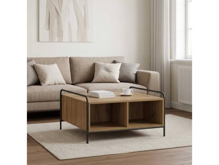 KUTYWEXFM Couchtisch Artisan-Eiche 80x80x41 cm mit Stauraum Stahlrahmen Kompakter Kaffeetisch fuer Wohnzimmer und Gästezimmer mit vier Fächern für Bücher, Zeitschriften und Dekoration.