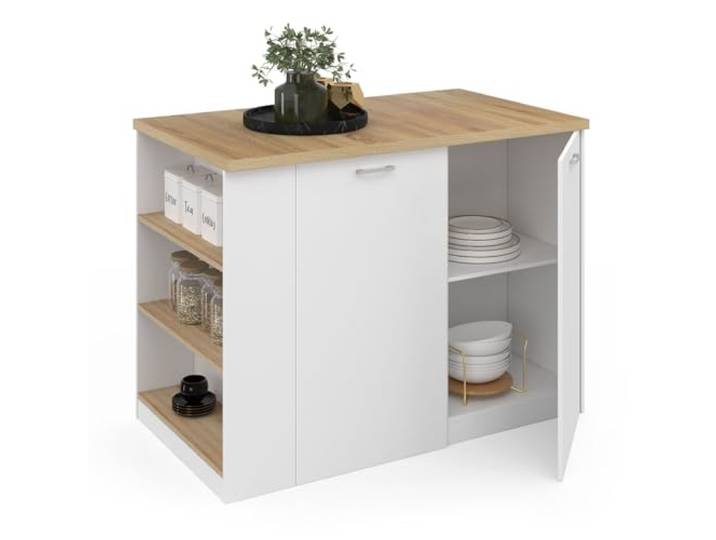 IDMarket - Mittelinsel TIBO 120 cm weißes Holz mit Arbeitsplatte in Buchenholzoptik