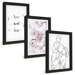 BILDER SET 3er Set - 20x30 cm Schwarzer Rahmen - Blumenfamilie minimalistisch