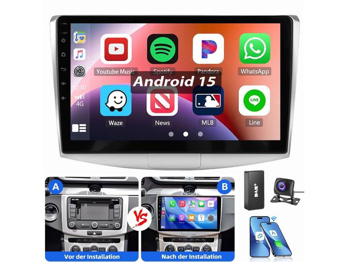 ESSGOO Für VW Passat B7 CC 2010-2015 Carplay Autoradio Android 15 Autoradio (RDS, FM, GPS Navi WIFI Mirror Link SWC RDS)
