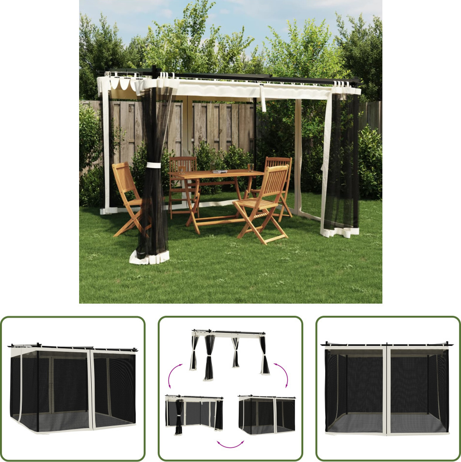 The Living Store Pavillon mit Netzwände Creme 3x3 m Stahl