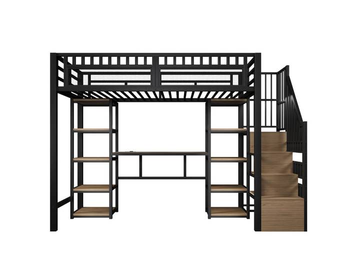 Oxeza Hochbett 90/200 cm Schwarz mit Stauraumtreppe, Schreibtisch und LED-Lichtleisten, Metall, Rechteckig, 90x200 cm, Babymöbel & Kindermöbel, Kinderzimmer & Jugendzimmer, Kinderbetten, Hochbetten