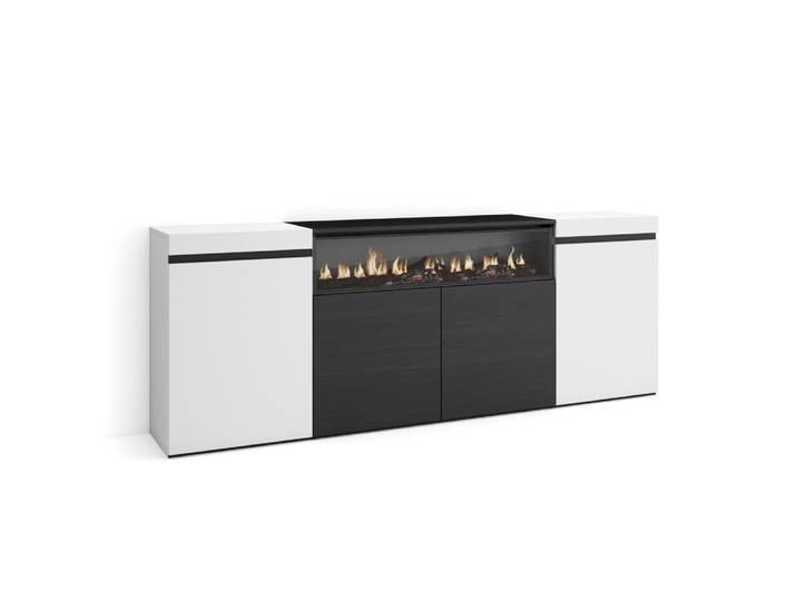 Buffet effet bois blanc et noir 200x35x75cm cheminée effet feu