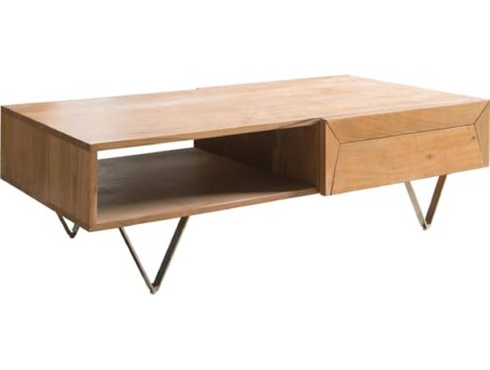 DELIFE Wohnzimmertisch Kayu Akazie Natur 115x60 cm 2 Schübe V-Fuß Edelstahl