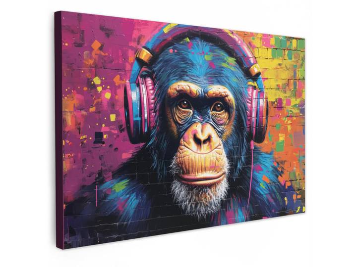 MuchoWow Leinwandbild - Graffiti - Schimpanse - Straßenkunst - Kopfhörer - Affe - 90x60 - Deko Wohnzimmer, Blau, Textil, Kiefer, Abstrakt, Rechteckig, 90x60 cm, gerahmt, Bilder & Rahmen, Bilder, Wandbilder