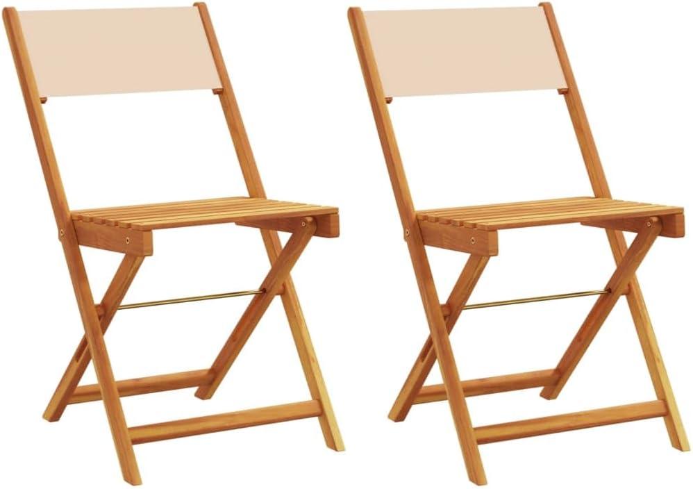 2er-Set Bistrostühle aus Akazienholz mit beigefarbener Stoff-Sitzfläche, klappbare Esszimmerstühle für Garten, Terrasse und Balkon, bis 110 kg belastbar