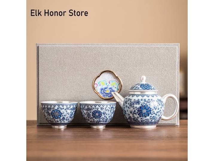 Service à thé en céramique plaqué argent esthétique, service à thé, théière et tasse à thé, cérémonie du thé Dragon bleu et blanc, invitation