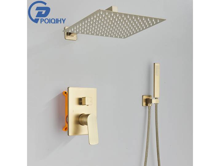 Robinetterie de douche murale dorée brossée POIQIHY, ensemble de douche encastré, mitigeur de douche pluie 2 voies pour salle de bain