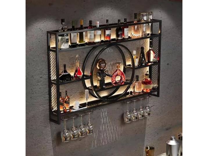 Wohnzimmer Bar，barschrank Vintage Retro Bar Regal Wand Gold Beleuchtung Hängend Flaschenregal Wandmontage Schmal Schnapsregal(Size:140 * 15 * 80cm,Color:Schwarz)