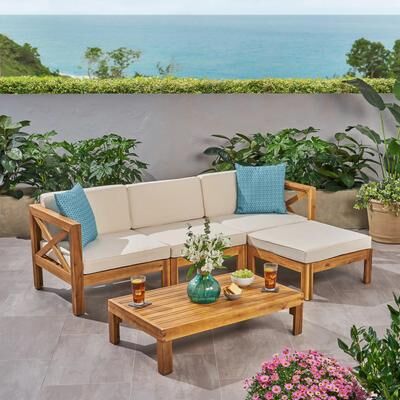 PRO_SELLERS 3-Seat Outdoor Acacia Wood L-Shaped Sectional Sofa Set with Table Bei