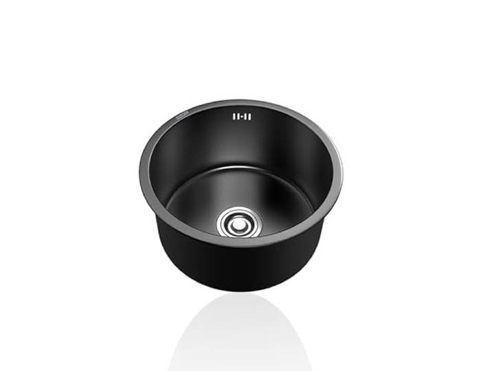 Waschbecken Küche,Spülbecken Schwarz Rund,Küchenspüle Edelstahl Klein,Spüle 1 Becken mit Abflussrohr und überlauf Einbauart: Einbau Von Oben und Unterbau (Ø 45cm)