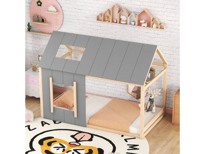Lit cabane enfant 90x200 cm - Naturel + gris - 1 place - Montage facile
