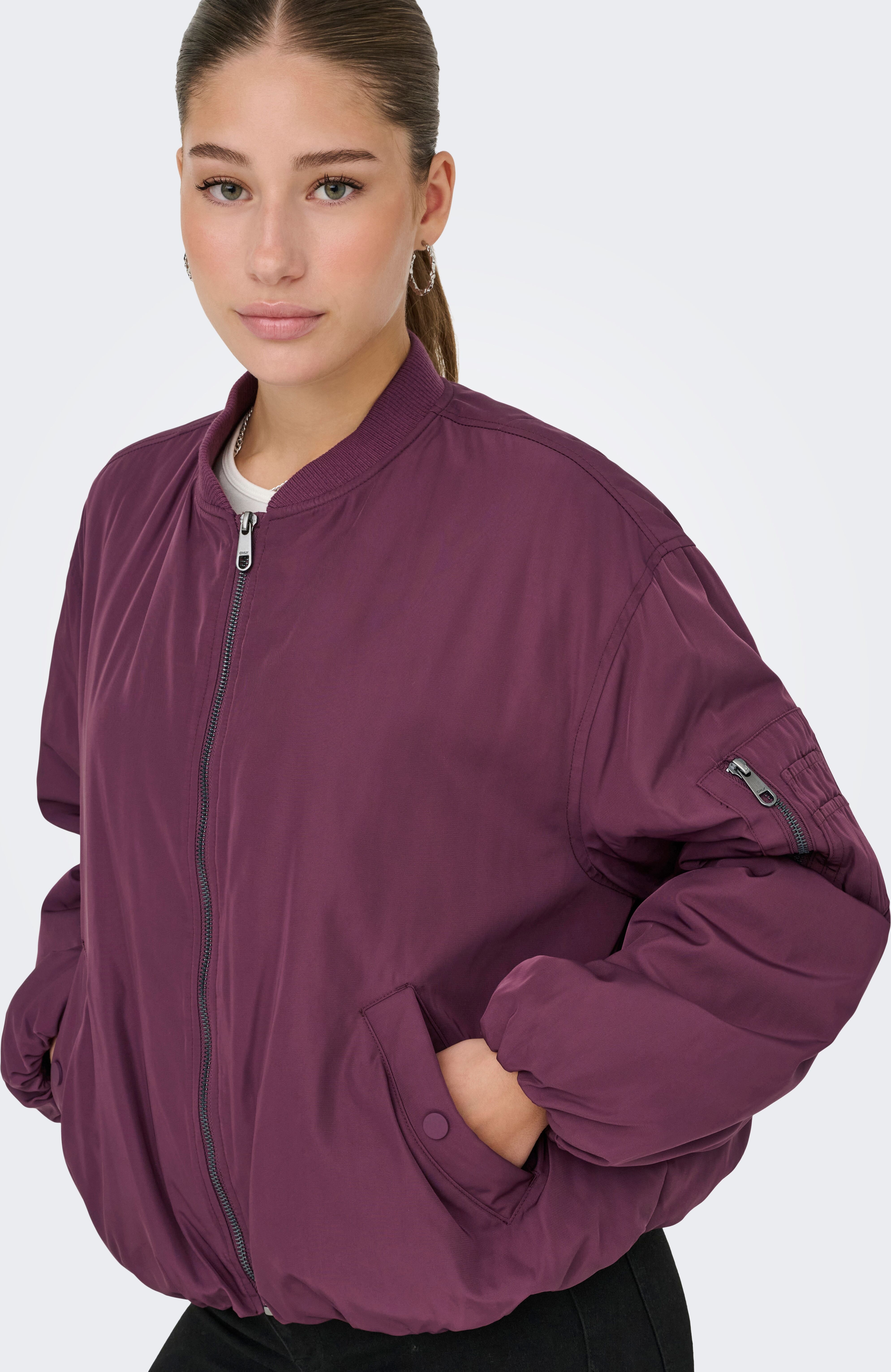 Bomberjacke ONLY "ONLADEL LIFE OVERSIZED BOMBER CC OTW", Damen, Gr. XS, mauve wine, Web, Obermaterial: 100% Polyester, unifarben, regular fit, hoch geschlossener Ausschnitt, Jacken Bomberjacke, Kunstfaser mauve wine XS