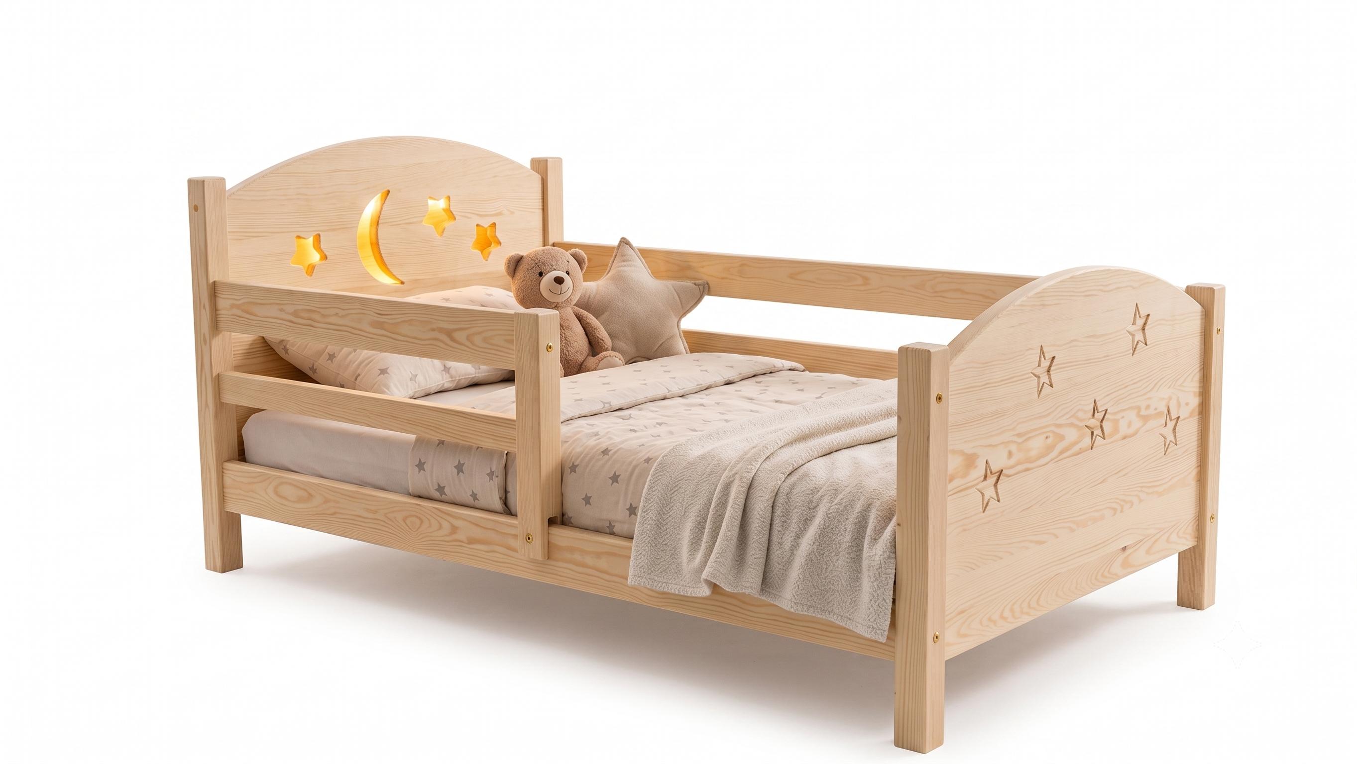 Kinderbett aus Massivholz mit LED-Beleuchtung per Fernbedienung, flexibles Bettgestell, 80 x 160